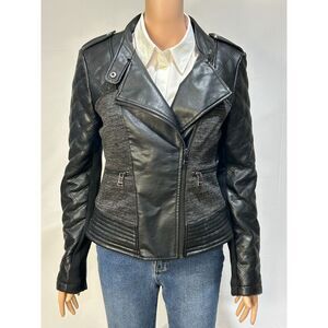 bebe Jacket Quilted Vegan Leather Stretch Fabric Women M Black‎ Moto Biker